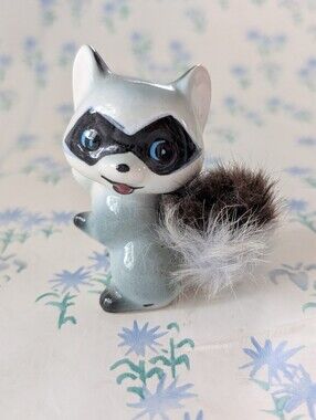 Vintage Napco Japan Ceramic Raccoon Figurine w/ Fur Tail MCM 50s 60s Whimsy